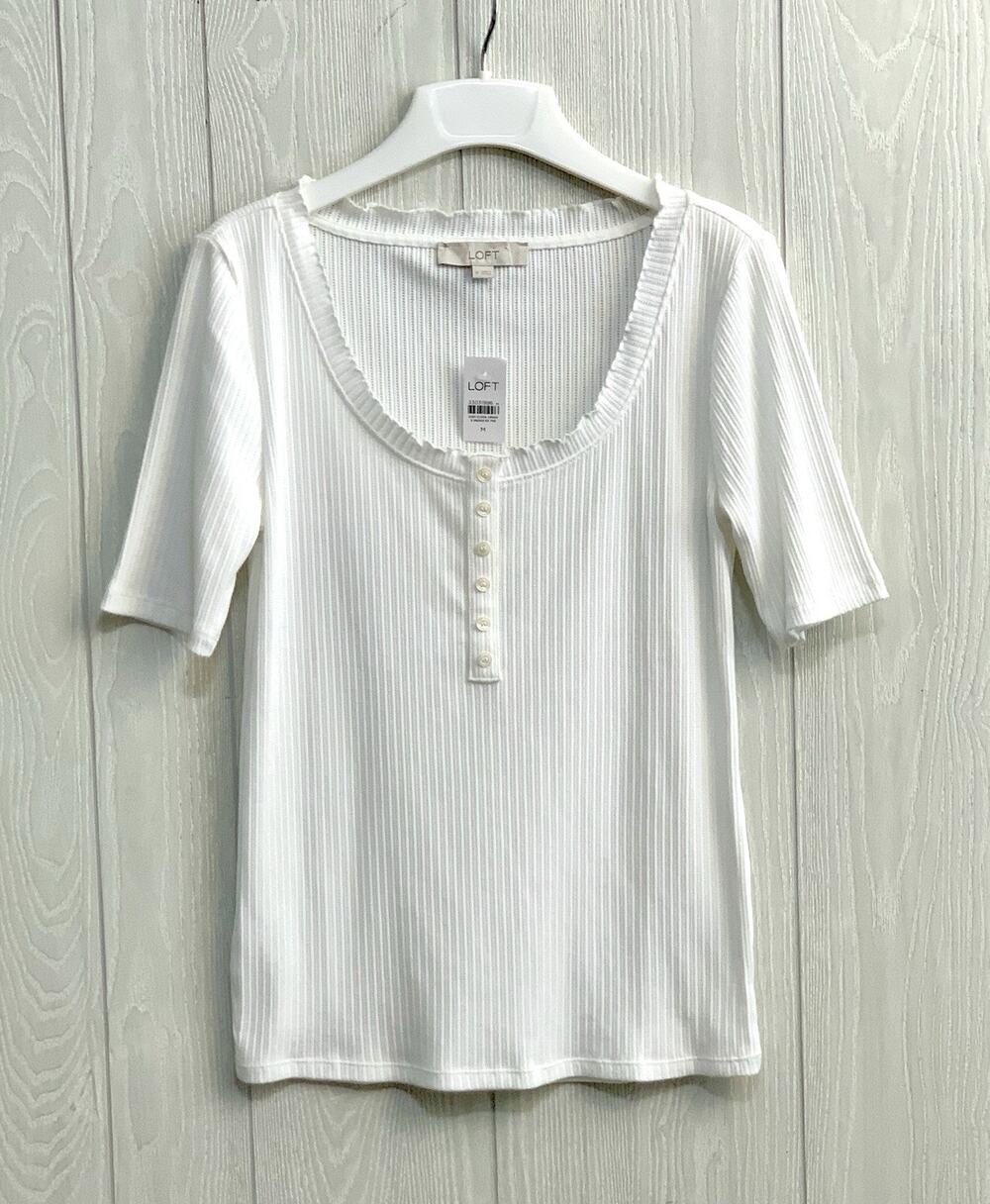 LOFT White Short Sleeve Scoop Neck Henley Top Medium NWT